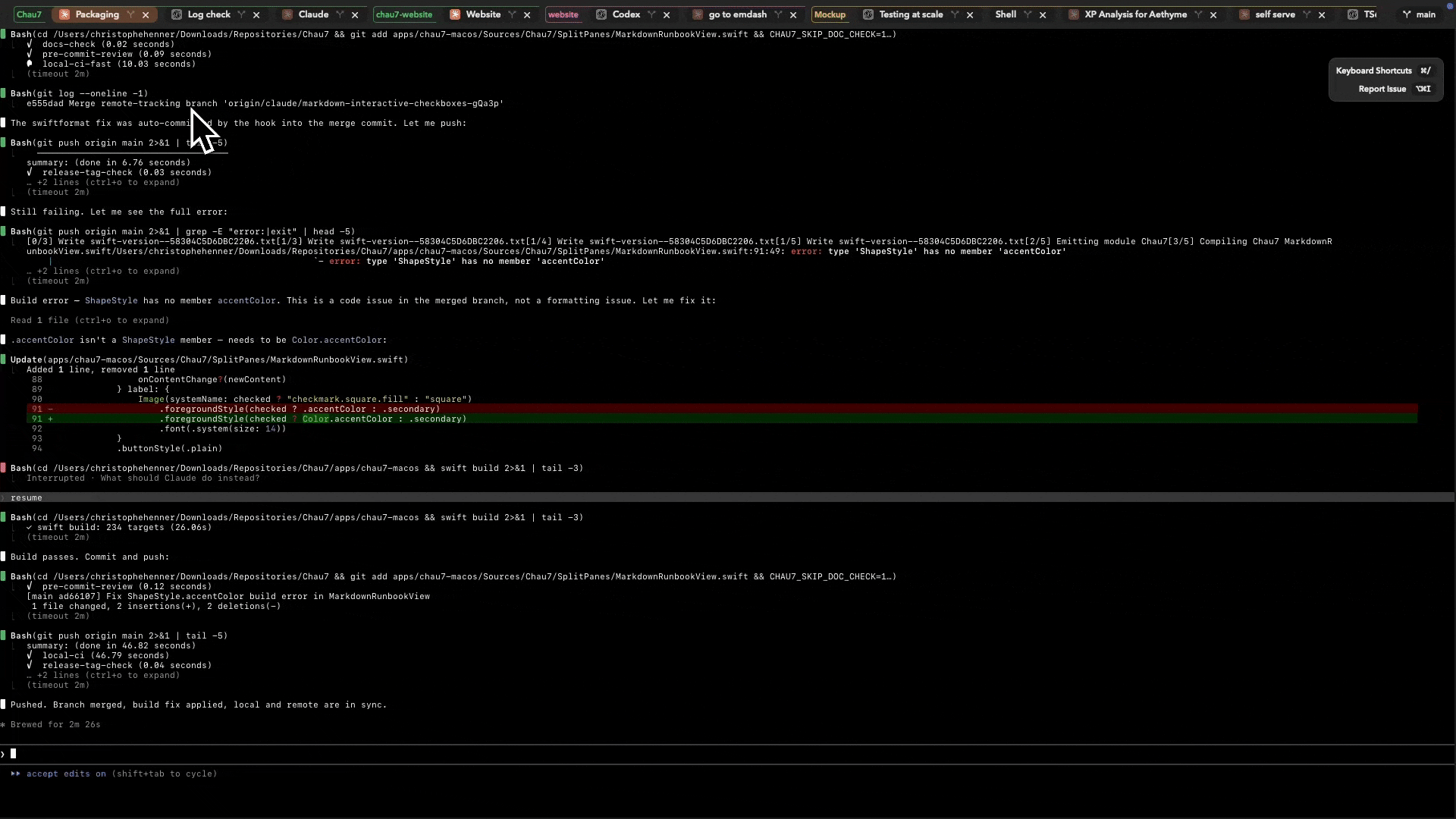 Chau7 tab bar showing branded AI agent logos with auto-renamed tabs