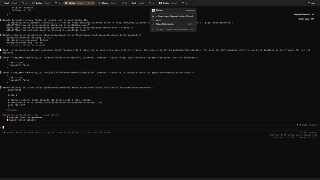Chau7 terminal running 6 AI agent tabs simultaneously with branded colors, cost tracking, and MCP indicators