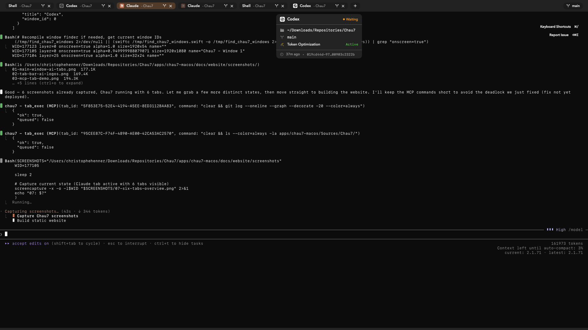 Chau7 terminal with 6 AI tabs running simultaneously